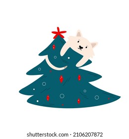 Vector holiday illustration of a funny cat, kitten sitting on a Christmas tree.