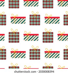 Vector holiday illustration with gift boxes for printing on textiles, fabrics, packaging, etc. Seamless pattern for Birthday, New Year, Christmas, etc.