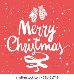 Vector holiday illustration with gloves on red background. Hello winter. Handwritten inscription.