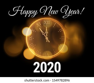 Vector holiday illustration with golden clock five minutes to midnight. Modern 2020 new year background template, great design for any purposes. 