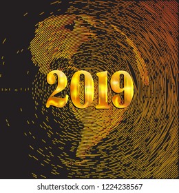 Vector holiday illustration of  golden number 2019. Abstract holiday illustration of glowing gold 2019 sign  and the silhouette of earth globe. Abstract background.