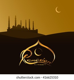 Vector holiday illustration of golden Ramadan Kareem label. lettering composition of muslim holy month with mosque. Shiny Ramadan Kareem label. Design for greeting cards and posters. Ramadan Kareem. 