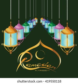 Vector holiday illustration of golden Ramadan Kareem label. lettering composition of muslim holy month. The holy month of Ramadan. Holy month of Ramadan vector illustration. Ramadan picture. Ramadan. 