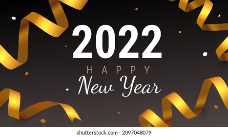 Vector holiday illustration with golden ribbon and number 2022. Beautiful happy new year template design with text and confetti for 2022 new year greeting card, banner on black color background
