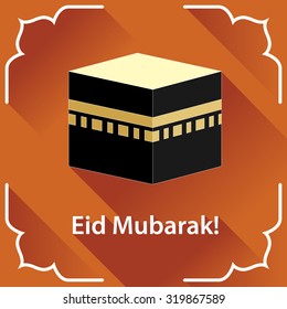 Vector holiday illustration of greeting card  Eid Al Adha. Composition of muslim holiday  with Kaaba and text Eid mubarak. Flat style.