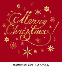 Vector holiday illustration with hand drawn golden soft shining lettering "merry christmas!" and gold stars and snowflakes on deep red. Card, poster invitation, banner design.