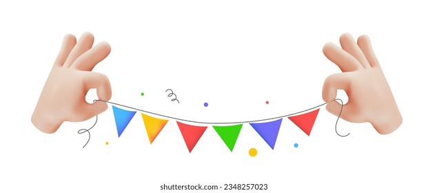 Vector holiday illustration of hand gesture sign ok with finger and hold garland with flag on white color background. 3d vector style emoji design of man white skin hand for web, banner, poster, print
