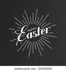 vector holiday  illustration of handwritten Easter retro label and light rays on the black cardboard background. religious holiday sign or logo.