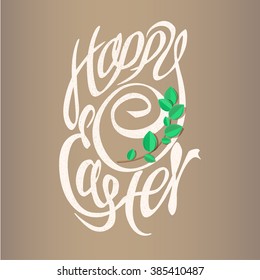 Vector holiday illustration. Handwritten Easter retro label , green paper brunch in the center. Religious holiday rectangular greeting card.