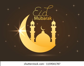 vector holiday illustration of handwritten Eid Al Adha shiny label. lettering composition of muslim holy month with mosque building, sparkles and glitters