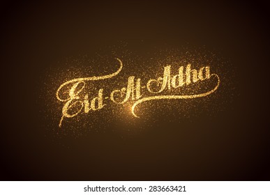 vector holiday illustration of handwritten Eid Al Adha shiny label. lettering composition of muslim holy month with sparkles and glitters
