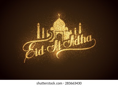 vector holiday illustration of handwritten Eid Al Adha shiny label. lettering composition of muslim holy month with mosque building, sparkles and glitters