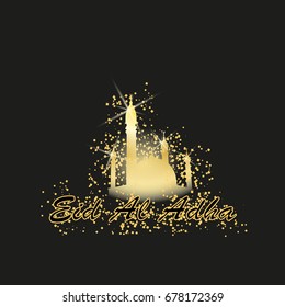vector holiday illustration of handwritten Eid Al Adha shiny label. lettering composition of muslim holy month with mosque building, sparkles and glitters