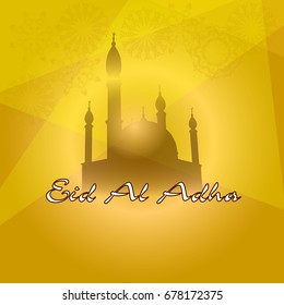vector holiday illustration of handwritten Eid Al Adha shiny label. lettering composition of muslim holy month with mosque building, sparkles and glitters