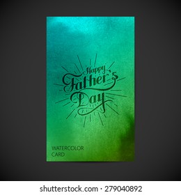 vector holiday illustration of handwritten Happy Fathers Day retro label with light rays on watercolor background. lettering composition. postcard design 