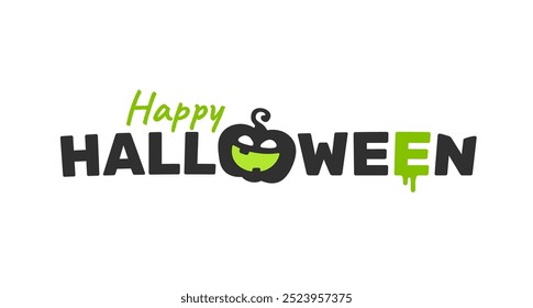 Vector holiday illustration of happy halloween word with cute pumpkin character on white color background. Flat style design of halloween logo with scary smile carved pumpkin monster for web banner