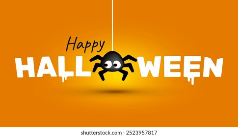 Ilustración de vacaciones de Vector de feliz palabra de halloween y personaje de araña sobre fondo de color naranja. Diseño plano del estilo del logotipo de halloween con la araña negra para el Anuncio, cartel del partido, tarjeta de felicitación