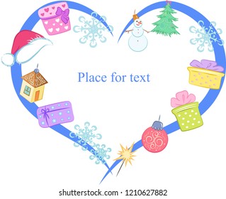 Vector holiday illustration, heart-frame of bright cartoony attributes: gift boxes, sparkler, snowman, house, snowflakes, Christmas tree, Santa Claus hat, Christmas ball isolated on white background.