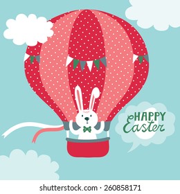 Vector holiday illustration with hot air balloon in the sky and cute bunny. Easter card. Bright childish background.