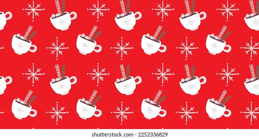 Vector holiday illustration of hot coffee cup on red color background. Flat style design of christmas seamless pattern with hot chocolate cup and snowflake for web, site, banner, paper print, card