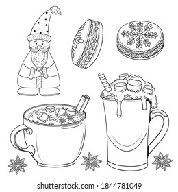 Vector holiday illustration with hot drinks, cakes and funny Santa on a white background. Outline graphic objects for your design