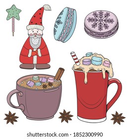 Ilustración vectorial de vacaciones con bebidas calientes, pasteles y divertidos Santa. Esquema de objetos gráficos para el diseño
