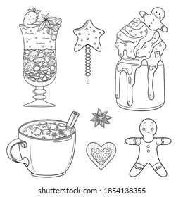Vector holiday illustration with hot drinks, cakes and funny gingerman. Outline graphic objects for your winter design on a white background