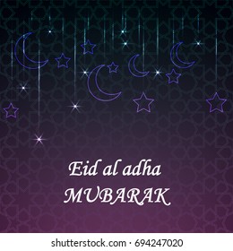 Vector holiday illustration of lettering composition with sparkles.calligraphy of text Eid al Adha on arabic pattern background with shiny stars and moons for Muslim community festival celebrations.