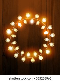 Vector Holiday Illustration of Luminous Electric Garland on the wood background.