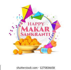 vector holiday illustration. Makara Sankranti or Sankranti. Hindu harvest festival, celebrated at the winter solstice. graphic design traditional holiday food treat ladoo