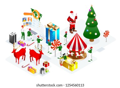 vector holiday illustration. Merry Christmas and Happy New Year 2020. Santa Claus headquarters, elves collect gifts for the new year. Santa Claus office