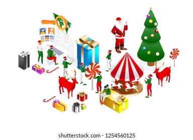 vector holiday illustration. Merry Christmas and Happy New Year 2019. Santa Claus headquarters, elves collect gifts for the new year. Santa Claus office