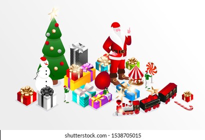 vector holiday illustration. Merry Christmas and Happy New Year 2020. Santa Claus headquarters, elves collect gifts for the new year. Santa Claus office