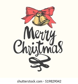 Vector holiday illustration Merry Christmas on red background. Handwritten inscription. Lettering design.
