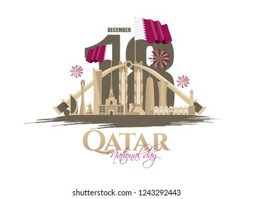 vector holiday illustration. National Day of Qatar. a national holiday celebrating the union and gaining independence Qatar December 18, 1878. silhouettes sights of Qatar capital of Doha