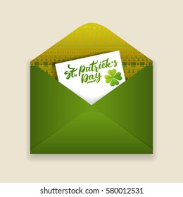 Vector holiday illustration on March 17. Open green envelope of patterned paper and card with the words "St, Patrick's Day" inside.