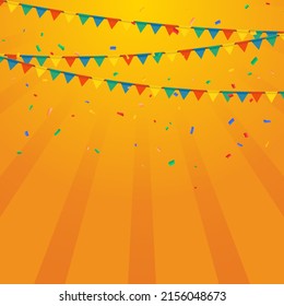 Vector holiday illustration. on yellow and orange and sunburst background with bunting flags. Colorful Party Flags With Confetti Falling Background. Celebration Event Birthday. Vector illustration