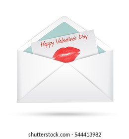 Vector holiday illustration. Open envelope and card with lipstick red lips and words Happy Valentine's Day inside. Concept for 14 February. 