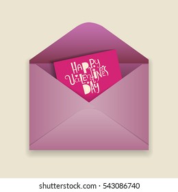 Vector holiday illustration. Open lilac paper envelope and pink card with white lettering "Happy Valentine's Day" inside in the modern youth style. Concept for 14 February.
