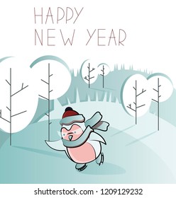 Vector holiday illustration with penguin in a warm hat and scarf skating on the forest background