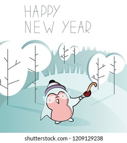 Vector holiday illustration with penguin in a warm hat holding a cup with candy on the forest background