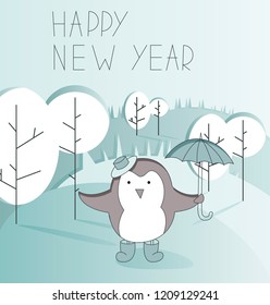 Vector holiday illustration with penguin in a warm hat holding an umbrella on the forest background