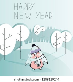 Vector holiday illustration with penguin in a warm hat and scarf wearing glasses standing on the forest background