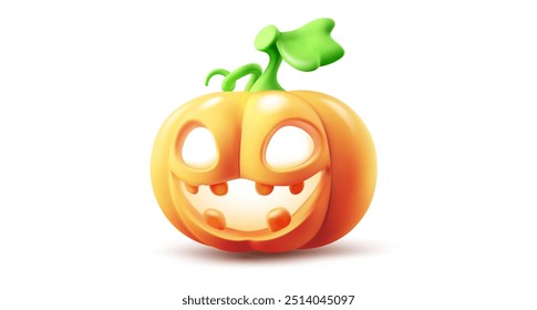 Ilustração de feriado de vetor do personagem da abóbora com o rosto assustador brilhante no fundo da cor branca. 3d estilo design realista de halloween sorriso laranja abóbora monstro objeto para web banner, cartaz da festa