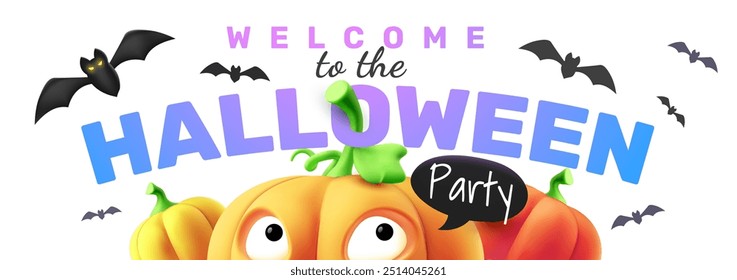 Ilustración de vacaciones de Vector de personaje de calabaza con cara de miedo sobre fondo de color blanco con palabra de fiesta de Halloween. Diseño realista del estilo 3D de la calabaza naranja de Halloween con los ojos para el Anuncio del Web