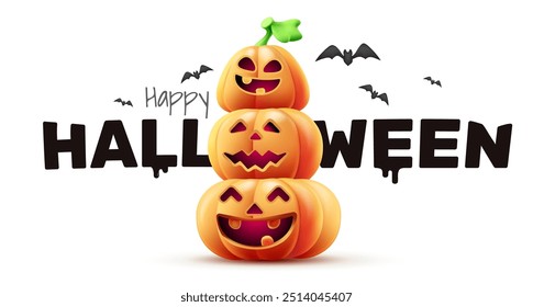 Vector holiday illustration of pumpkin character with scary face on white color background with happy halloween word and bat. 3d style realistic design of halloween smile orange pumpkin monster set