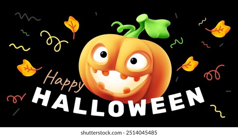 Vector holiday illustration of pumpkin character with scary face on black color background with happy halloween word. 3d style realistic design of halloween smile orange pumpkin monster for web banner