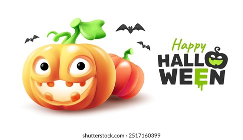 Ilustración de vacaciones de Vector de personaje de calabaza con cara de miedo brillante y murciélago sobre fondo de color blanco. Diseño realista del estilo 3D de la sonrisa de Halloween monstruo naranja de la calabaza con la palabra feliz de Halloween