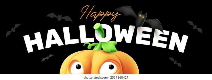 Vector holiday illustration of pumpkin character with scary face on black color background with happy halloween word. 3d style realistic design of halloween orange pumpkin with eyes and fly bat