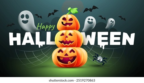 Vector holiday illustration of pumpkin character with scary face and fly ghost on dark color background with happy halloween word. 3d style realistic design of halloween smile orange pumpkin monster